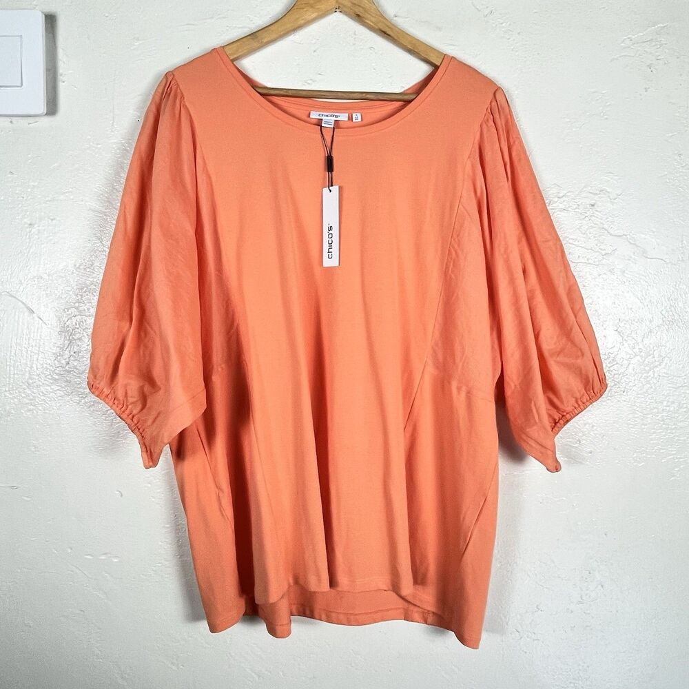 Chico’s Orange Coral Top Women’s XXL 4 Flowy Dolman Batwing Puff Sleeve New - Picture 7 of 13